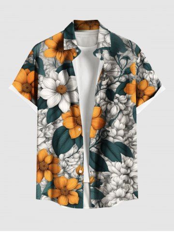 Plus Size Flower Leaf Branch Print Hawaii Button Pocket Shirt For Men - WHITE - M