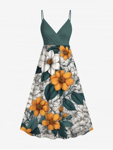 Plus Size Flower Leaf Branch Print Hawaii Surplice A Line Cami Dress - GREEN - XXS