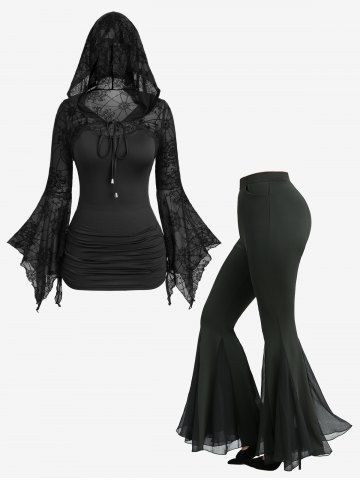 Spider Web Flocking Drawstring Flare Sleeve Hooded Top and Sheer Mesh Patchwork Flare Pants Outfit - BLACK