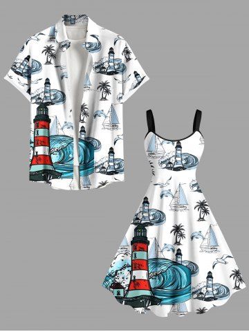 Coconut Tree Sharks Boat Sea Waves Lighthouse Cruise Print Plus Size Matching Hawaii Beach Outfit For Couples
