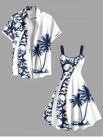 Halloween Skulls Coconut Tree Print Plus Size Matching Outfit For Couples - WHITE