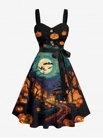 Plus Size Halloween Pumpkin Lantern Bat Moon Print Buttons Turn Down Collar Dress With Belt