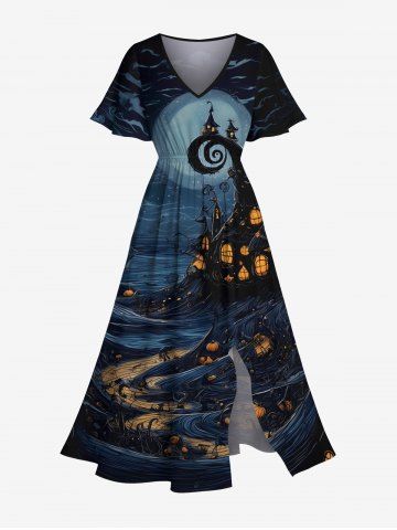 Plus Size Halloween Pumpkin Lantern Moon Print Split Midi Dress - BLACK - 1X