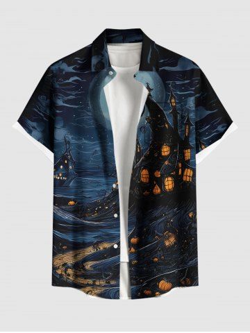 Plus Size Halloween Pumpkin Lantern Moon Print Buttons Pocket Shirt For Men - BLACK - 6XL