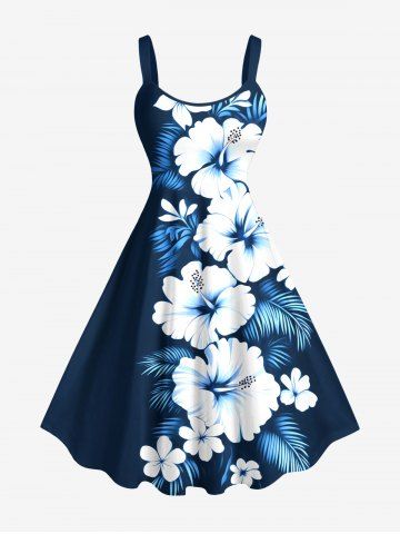 Plus Size Hibiscus Flowers Tropical Leaf Print Hawaii Tank Dress - BLUE - 2X