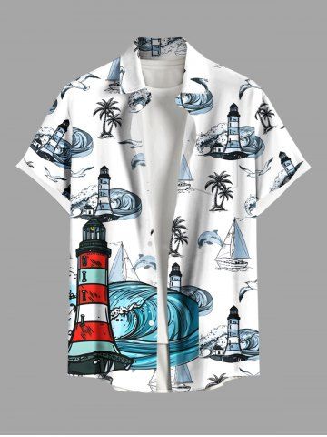 Plus Size Coconut Tree Sharks Boat Sea Waves Lighthouse Print Buttons Pocket Hawaii Shirt For Men - WHITE - M