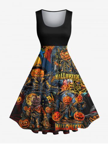Plus Size Halloween Pumpkin Fire Flame Skulls Moon Print 1950s Vintage Dress - BLACK - XXS