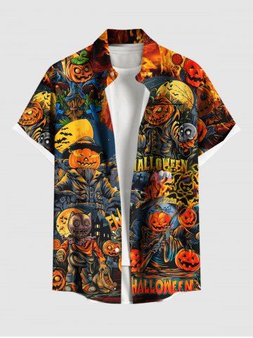 Plus Size Halloween Pumpkin Fire Flame Skulls Moon Print Buttons Pocket Shirt For Men
