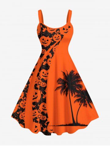 Plus Size Halloween Pumpkin Coconut Tree Print Tank Dress - ORANGE - XXS