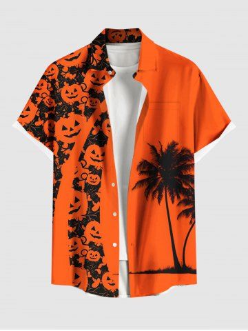 Plus Size Halloween Pumpkin Coconut Tree Print Buttons Pocket Shirt For Men - ORANGE - 6XL