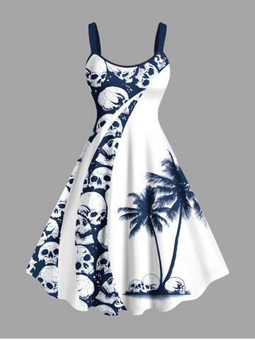 Plus Size Halloween Skulls Coconut Tree Print Tank Dress - WHITE - XXS