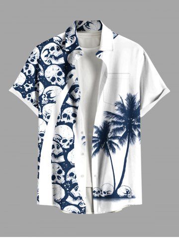 Plus Size Halloween Skulls Coconut Tree Print Buttons Pocket Shirt For Men - WHITE - 6XL