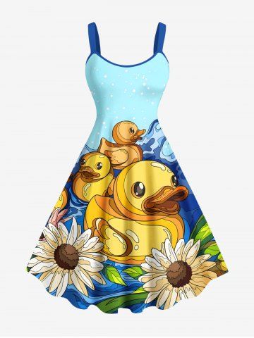 Plus Size Cute Duck Flower Sea Waves Print Hawaii A Line Tank Dress - LIGHT BLUE - 4X