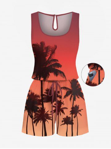 Plus Size Coconut Tree Dip Dye Ombre Print Hawaii Drawstring Pocket Romper - ORANGE - S