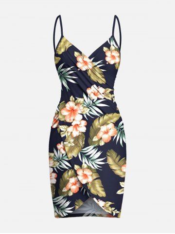 Plus Size Tropical Leaf Hibiscus Flower Print Hawaii Convertible Beach Cover Up - BLUE - XXS