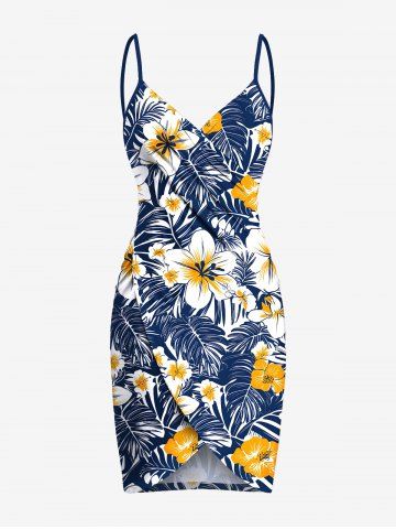 Plus Size Tropical Leaf Hibiscus Flower Print Hawaii Convertible Beach Cover Up - BLUE - S