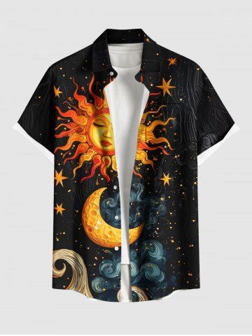 Plus Size Sun Moon Star Cloud Galaxy Print Button Pocket Shirt For Men - BLACK - 5XL
