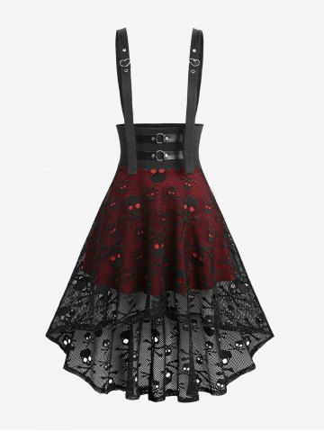 Skull Fishnet Overlay High Low Asymmetric A Line Suspender Skirt - BLACK - M