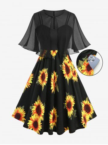 Sunflower Print Pocket A Line Cami Dress and Textured Cape Cloak Set - BLACK - XL
