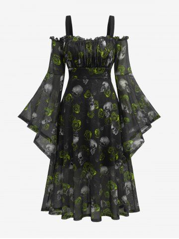 Plus Size Gothic Skull Rose Print Mesh Bell Sleeves Cold Shoulder Dress - GREEN - 1X | US 14-16