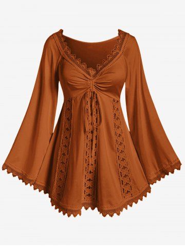 Plus Size Lace Trim Hollow Out Cinched Flare Sleeves T-shirt - ORANGE - 4X | US 26-28