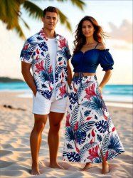 Tenue de plage hawaïenne assortie grande taille à imprimé feuilles tropicales et fleurs d'hibiscus pour couples - Bleu 