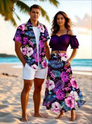 Tenue de plage hawaïenne assortie grande taille à imprimé feuilles tropicales et fleurs d'hibiscus pour couples - Pourpre  