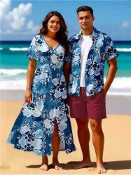 Tenue de plage hawaïenne assortie grande taille à imprimé feuilles et fleurs tropicales aquarelle pour couples - Bleu Ciel 