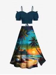Ensemble assorti grande taille avec haut uni cintré et jupe trapèze fendue à imprimé paysage marin hawaïen, imprimé cocotiers et plage - Bleu profond 