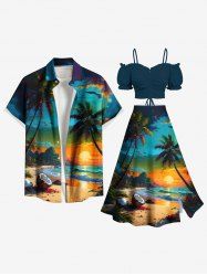 Tenue de plage hawaïenne assortie grande taille à imprimé cocotier et paysage marin pour couples - Bleu profond 