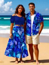 Tenue de plage hawaïenne assortie grande taille à imprimé feuilles ombrées pour couples - Bleu 