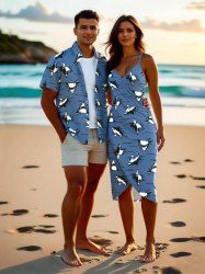 Cute Shark Sea Waves Print Plus Size Matching Hawaii Beach Outfit For Couples -  