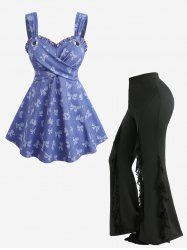 Bowknot Print Crisscross Panel Tank Top and Spider Web Flocking Lettuce Flare Pants Plus Size Outfit -  