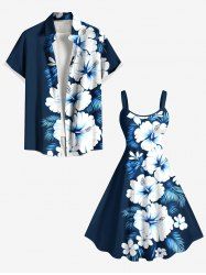 Tenue de plage hawaïenne assortie grande taille à imprimé feuilles tropicales et fleurs d'hibiscus pour couples - Bleu de Minuit 
