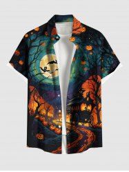 Chemise grande taille à boutons et poches pour homme, motif citrouille, lanterne, chauve-souris, lune, Halloween - Noir 6XL
