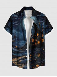 Plus Size Halloween Pumpkin Lantern Moon Print Buttons Pocket Shirt For Men -  