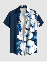Chemise hawaïenne grande taille à imprimé feuilles tropicales et fleurs d'hibiscus, avec poches et boutons, pour homme - Bleu de Minuit 3XL