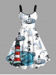Plus Size Coconut Tree Sharks Boat Sea Waves Lighthouse Cruise Print Hawaii Tank Dress -  