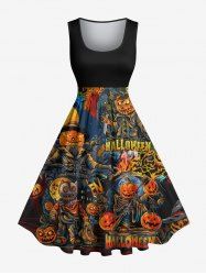 Plus Size Halloween Pumpkin Fire Flame Skulls Moon Print 1950s Vintage Dress -  
