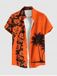 Plus Size Halloween Pumpkin Coconut Tree Print Buttons Pocket Shirt For Men -  