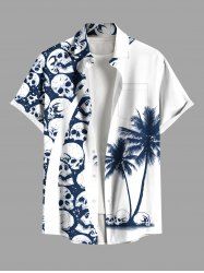 Chemise grande taille à boutons et poches pour homme, motif crânes d'Halloween et cocotiers - Blanc 3XL