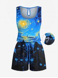 Plus Size Cat Sea Waves Painting Galaxy Print Hawaii Drawstring Pocket Romper -  