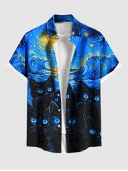 Plus Size Cat Sea Waves Painting Galaxy Print Hawaii Button Pocket Shirt For Men -  