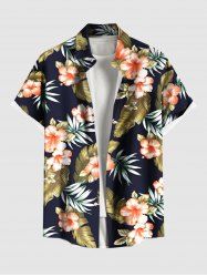 Chemise hawaïenne grande taille à imprimé feuilles tropicales et fleurs d'hibiscus pour homme - Noir 6XL