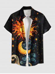Chemise boutonnée grande taille à imprimé soleil, lune, étoiles, nuages, galaxie, pour homme - Noir 3XL