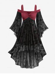 Cold Shoulder Flare Sleeve Glitter Flower Flocking High Low Asymmetric Twist Dress -  