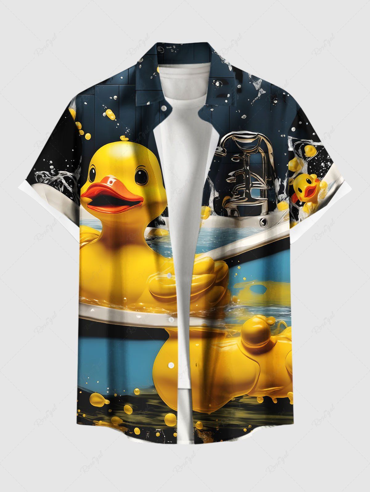 Chemise hawaïenne grande taille à imprimé canard mignon et poche boutonnée pour homme Noir L