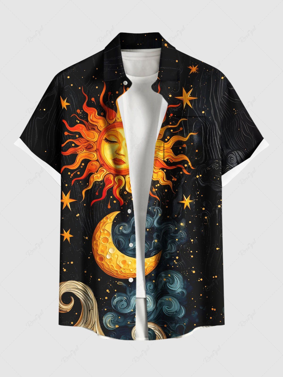 Chemise boutonnée grande taille à imprimé soleil, lune, étoiles, nuages, galaxie, pour homme Noir 3XL