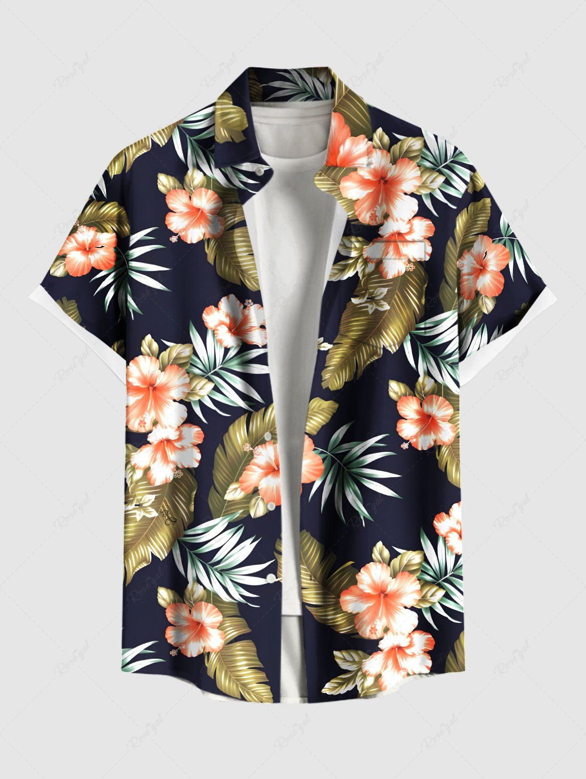 Chemise hawaïenne grande taille à imprimé feuilles tropicales et fleurs d'hibiscus pour homme Noir 6XL