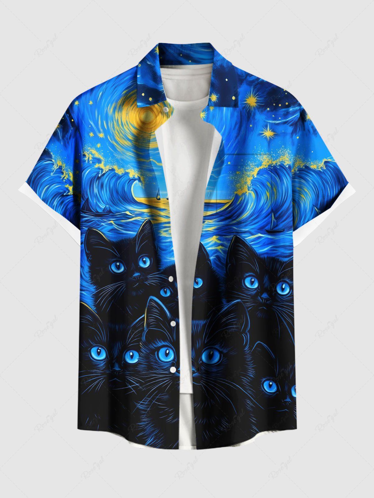 Chemise hawaïenne grande taille à imprimé galaxie et chat avec poches boutonnées pour homme Bleu Ciel 2XL